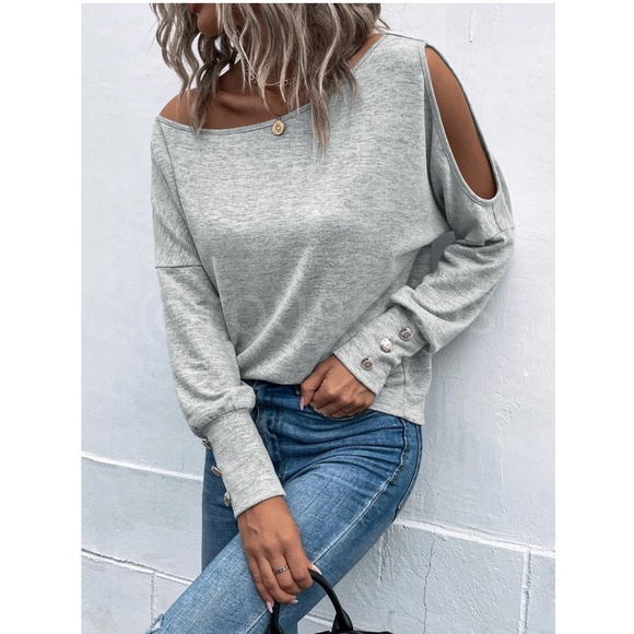 One Cold Shoulder Asymmetric Boat Neck Grey Long Sleeve Tee Shirt - Picture 1 of 9